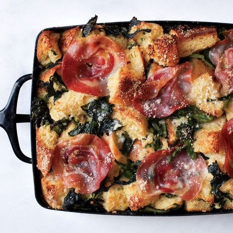 Parmesan Bread Pudding with Broccoli Rabe and Pancetta Corn Gratin, Scalloped Squash, Spinach Strata Recipe, Pancetta Recipes, Parmesan Bread, Italian Meats, Broccoli Rabe, Brunch Dishes, Crust Recipe