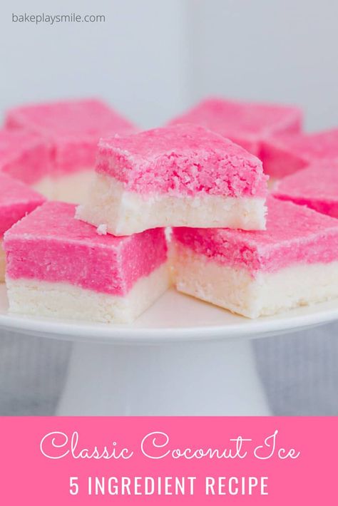 Pieces of white and pink coconut ice on a cake stand. Coconut Sweet Recipes, Coconut Ice Recipe, Chocolate Coconut Slice, Peppermint Slice, Ice Recipe, Chocolate Caramel Slice, Slice Recipes, No Bake Slices, Coconut Icing