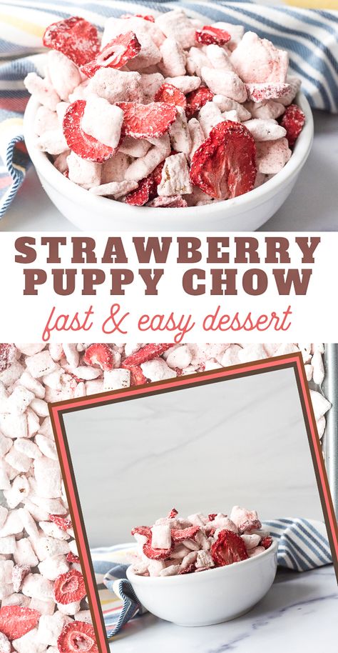 Don't miss out on the flavor of this Strawberry Puppy Chow Recipe. Fast sweet treat uses strawberry cake mix and red strawberries to make a delicious Chex snack mix. #puppychow #muddybuddy #easysnackmix #3boysandadog Cherry Cheesecake Puppy Chow, Strawberry Puppy Chow Recipe, Strawberry Chex Mix Recipes, Strawberry Shortcake Puppy Chow, Strawberry Puppy Chow, Holiday Puppy Chow, Best Puppy Chow Recipe, Chex Snack Mix, Easy Snack Mix