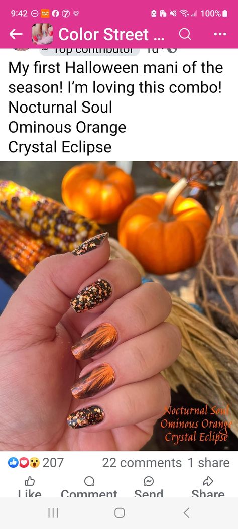 Color Street Halloween Mixed Mani, Color Street Layering Ideas, Nails Halloween, Orange Crystals, Solar Flare, Street Nails, First Halloween, Color Street Nails, Nail Inspiration