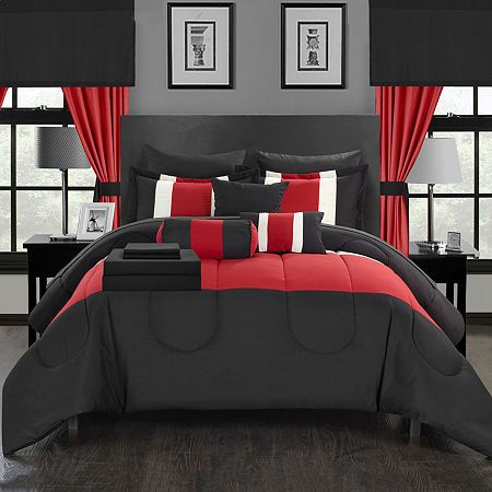 A fashion forward bedding collection with everything you need for a complete bedroom décor makeover. The comforter features a contemporary pieced color block design. Super-soft microfiber sheets, window treatments, design coordinated shams and deco pillows are included to complete the look.Included: 1 Comforter, 2 Pillow Shams, 1 Neck Roll, 1 Breakfast Cushion, 1 Square Cushion, 1 Flat Sheet, 1 Fitted Sheet, 2 Pillow Cases, 4 Panels, 2 Valances, 4 Tie BacksKing Dimensions:1 Comforter: 104x90 in White Comforter, Bed In A Bag, Bedding Stores, King Sheet Sets, Decoration Inspiration, Valances, Comforter Set, Chic Home, Bedding Collections