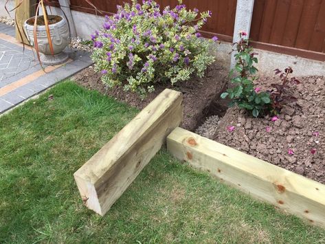 Raised bed from new pine railway sleepers Sleeper Raised Beds, Raised Beds Garden, Seaside Gardens, Sleepers In Garden, Raised Planters, Backyard Garden Beds, Garden Landscaping Diy, St Dominic, Raised Bed Garden Design