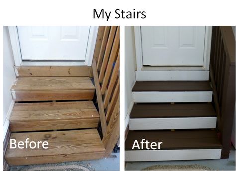 The before and after.  Why I never did something to the steps before is beyond me!  :) Garage Steps, Garage Stairs, Garage Entryway, Garage Floor Paint, Garage Atelier, Finished Garage, Stairs Makeover, Garage Entry, Garage Remodel