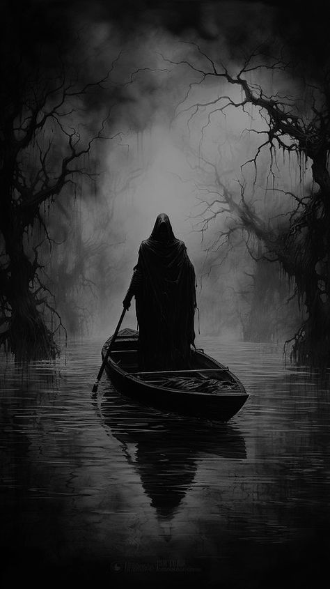 Dark Brooding Men Aesthetic, Time And Space Aesthetic, Creepy Tree Tattoo, Charon Tattoo, Creepy Tattoos Gothic, Horror Landscape, Grim Dark, Arte Occulta, Grim Reaper Art