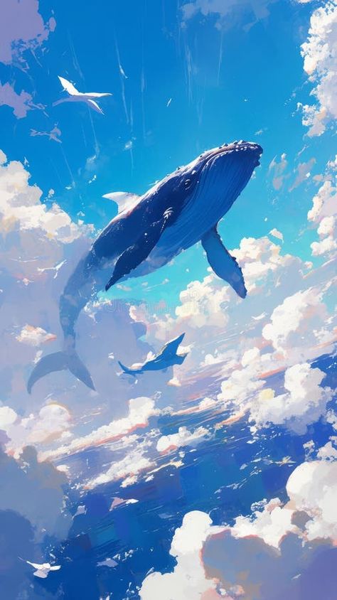 Illustration of a swimming whale in a clear clear blue sky among the clouds stock photography Blue Whales Photography, Flying Whale Art, Whale In Sky, Whales In The Sky, Whale Photography, Flying Whale, Photography Clouds, Among The Clouds, Blue Sky Clouds