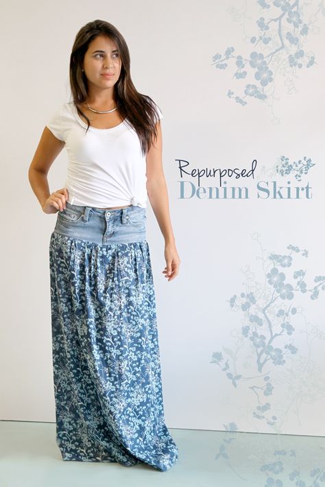 Repurposed Denim Skirt by Art Gallery Fabrics Upcycle Jeans Skirt, Skirt Diy, Repurposed Denim, Mens Fasion, Upcycled Clothes, Denim Projects, Repurposed Clothing, Diy Things, Diy Skirt