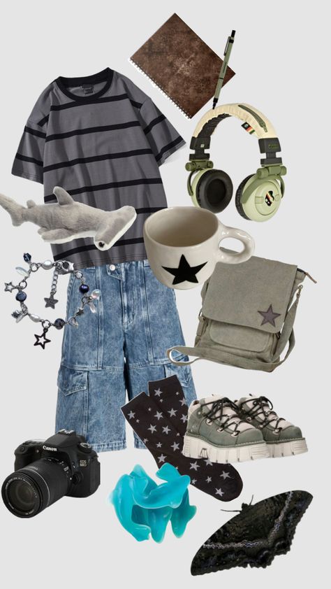 Shuffle outfit inspo ☆ aesthetic, vintage fairy grunge nasa green blue black vintage shark star y2k jorts shorts sweater sage Shuffle Outfit, Shark Clothes, Star Y2k, Silly Clothes, Vintage Fairy, Funky Outfits, Fire Fits, Vibe Clothes, Cool Fits