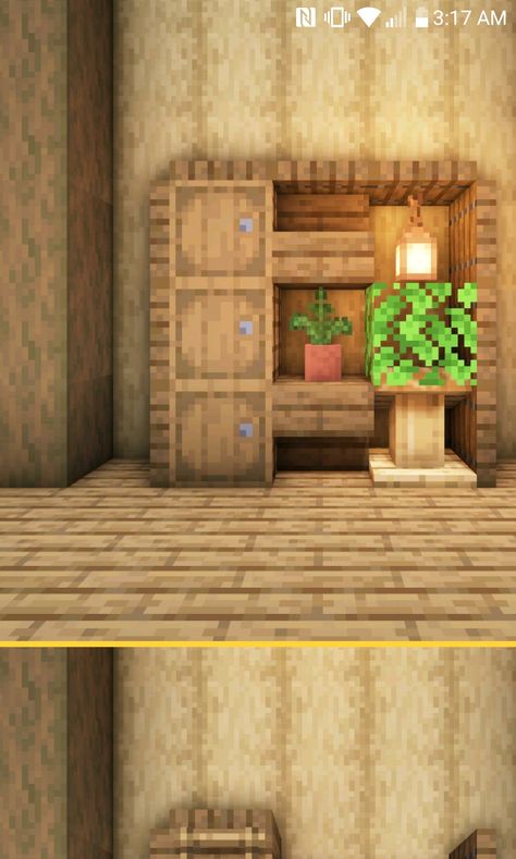 Minecraft Living Room Aesthetic, Spruce Bedroom Minecraft, Minecraft Crafting Room Ideas, Minecraft Fishing House Interior, Minecraft Lamp Ideas Inside, Minecraft Seating, Minecraft Bedroom Ideas Game, Minecraft Couch, Minecraft Dining Room