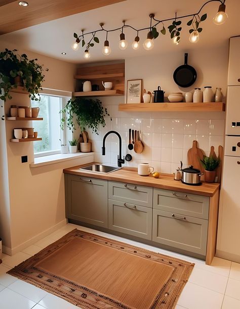 Nordic Kitchen Ideas, Kitchen No Counter Space, Kitchen Goals, Green Cabinets, Dream Cottage, House Remodel, Tiny Kitchen, Dream Houses, Kitchen Design Small