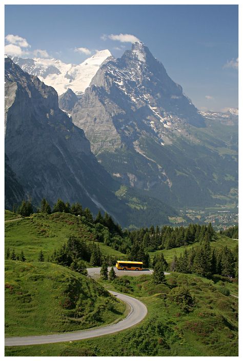 Eiger north face - Bus descending from Grosse Scheidegg mountain pass down to Grindelwald. Eiger North Face, Grindelwald Switzerland, Travel Switzerland, Bern Switzerland, Mountain Pass, Scenic Roads, Cheap Flight Tickets, Cheap Flight, Flight Tickets