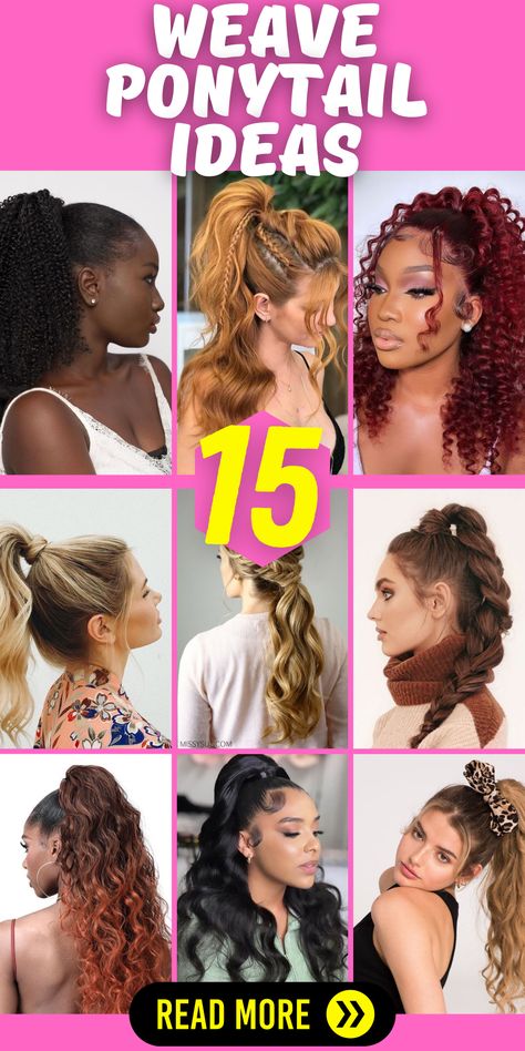 Weave Ponytail: A Chic and Trendy Hairstyle for Black Women! Black women can rock the weave ponytail with confidence and style. Enhance your natural beauty with this versatile and elegant hairstyle. Whether you prefer a sleek and straight ponytail or a curly and voluminous one, the weave ponytail offers endless possibilities. Experiment with different hairstyles like braided ponytails or ponytails with bangs to showcase your unique personality. Ponytails For Weddings, Birthday Hair Ponytail, Sew In Hairstyles For Teens, African American Ponytail Hairstyles, Ponytail Styles For Black Women, Ponytail Updo Wedding, Curly Ponytail Black Women, Ponytail Hairstyles Black Women, High Ponytail Ideas