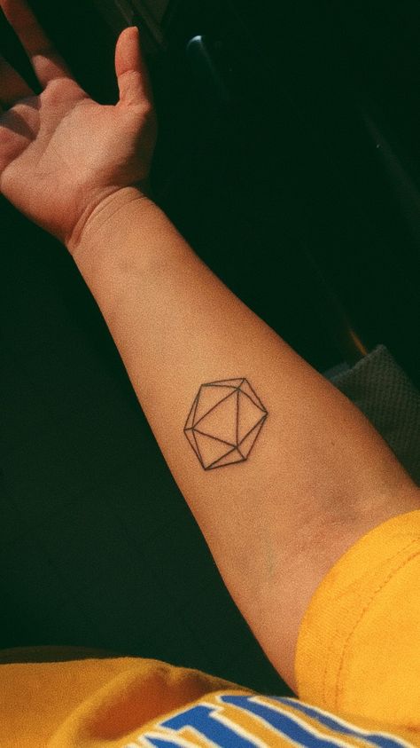 Odesza tattoo Odesza Tattoo Ideas, Small Symmetrical Tattoo, As Above So Below Tattoo Minimalist, Matching D20 Tattoos, Mormon Tattoo, Odesza Tattoo, Polyhedral Dice Tattoo, Edm Tattoo Ideas, D&d Dice Tattoo