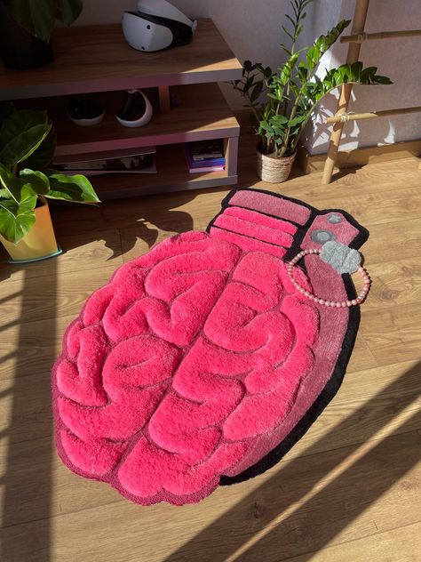 🧠  Tufted handmade fluffy rug in shape of 3d brain with bomb 💣 The size of the rug on photos is 125x80 cm /50x32 inch This rug has part with beads, it's attached but you can easily remove it 😉 If you have any questions or custom rug ideas- just text me 🫶 Funky Carpet Aesthetic, Rugs For Room Aesthetic, Fun Interior Design Ideas, Brain Rug, Funky Area Rugs, Cool Rugs For Bedroom, Custom Rugs Design, Rug Tufting Ideas, 3d Rugs