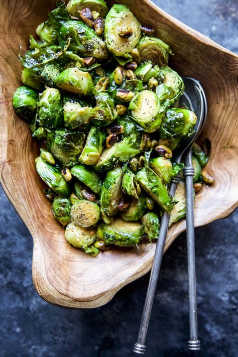 Brussels Sprouts with Pistachios and Lime - Climbing Grier Mountain Sweet Potatoes Brussel Sprouts, Potatoes Brussel Sprouts, Brussel Sprout Recipes, Honey Pistachio, Thanksgiving Dinner Table, Sprout Recipes, Brussels Sprouts Recipe, Vegetarian Recipes Easy, Thanksgiving Side Dishes