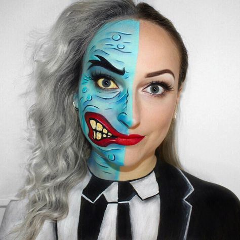 MUA ~ Jessica on Instagram: “Day 24 of 31 days of Halloween 🎃. Two-Face from the Batman Animated Series. This one I’m really proud of and it was one of my favourites to…” Diy Two Face Costume, Two Face Makeup Batman, Two Face Makeup, Two Face Costume, Batman Face Paint, Batman Makeup, Costume Quest, Partner Costumes, Batman Costume Diy