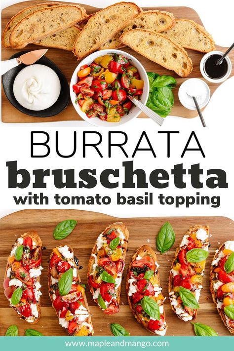 This easy-to-make Burrata Bruschetta recipe is the ultimate summer appetizer! It features creamy burrata cheese and a delicious fresh tomato basil topping on garlic-rubbed slices of crispy, toasted bread. A delicious and simple burrata appetizer or snack perfect for any occasion! | www.mapleandmango.com Tomato Burrata Appetizer, Burrata Bruschetta Recipe, Burrata Appetizer, Lidias Italy Recipes, Burrata Bruschetta, Salmon Appetizer Recipes, Easy Bruschetta Recipe, Dinner Party Appetizers, Easy Slime Recipe