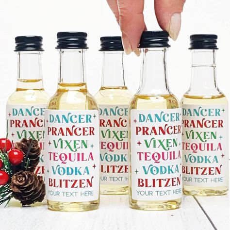 "These funny Christmas mini bottles come with our \"Dancer Prancer Vixen Tequila Vodka Blitzen\" reindeer labels and are customized with 1 line of text.  Choose the favor labels only, or order a complete set of 15 mini bottles and 15 labels. These small bottles are great for turning your favorite liquor or other liquid (hot sauce, condiments etc.) into fun holiday party favors and stocking stuffers.  𝗣𝗘𝗥𝗦𝗢𝗡𝗔𝗟𝗜𝗭𝗘 𝗬𝗢𝗨𝗥𝗦 * Add 1 line of custom text (25 characters per line maximum) * Christmas Party Favors For Adults Diy, Holiday Party Favors For Adults, Mini Alcohol Bottles Gifts Christmas, Christmas Liqour Ideas Gift, Mini Bottles Of Alcohol Gifts, Mini Liquor Bottle Gift Ideas, Christmas Party Favors Diy, Christmas Party Favors For Adults, Mini Alcohol Bottles Gifts