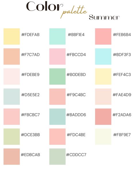 Note Color Schemes, Google Sheet Color Palette, Color Palette Summer, Palette Summer, Beachy Colors, House Decals, Hex Color, Pastel Color Schemes, Hex Color Palette