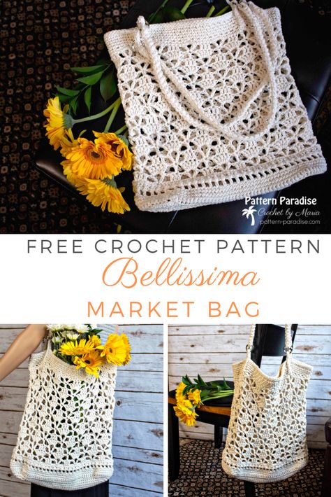 Free Crochet Pattern: Bellissima Market Bag - Pattern Paradise Crochet Cotton Market Bag Free Pattern, Crochet Selling, Cotton Crochet Bag, Crochet Objects, Crocheted Purses, Bag Free Crochet Pattern, Crocheted Purse, Tote Crochet, Fleece Quilt