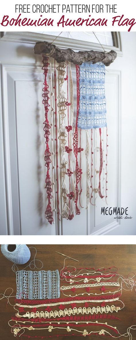 FREE Crochet Pattern for the Bohemian American Flag - Megmade with Love Free Form Crochet, Rag Flag, Crochet Thread Size 10, Wreath Holder, Flag Diy, Patriotic Projects, Crochet Phone Cases, Crochet Mobile, 4mm Crochet Hook