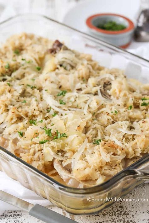 Pork and Sauerkraut is a simple casserole that everyone in my family LOVES!  Layers of tender potatoes, onions and tart apples are topped with pork chops and zesty sauerkraut! Pork And Sauerkraut Recipe, Pork Roast And Sauerkraut, Pork Chops And Sauerkraut, Pork And Sauerkraut, Everyone In My Family, Pork Casserole, Baked Pork Chops Oven, Pork Chops And Potatoes, Tender Pork Chops