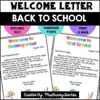 Imagine how excited your students will be to receive a letter from you before the school year begins!  This editable welcome letter is a great way to let your students know that you are excited to meet them. Directions: Open Microsoft Power Point to edit this file. The free fonts are embedded into the file. When printing select "scale to fit paper".*The text in this file is all editable except for the top "Welcome to Kindergarten, Welcome to First Grade, etc". This text cannot be changed and the Welcome To My Classroom Letter, Welcome Letter To Students From Teacher, Welcome To Kindergarten Letter, Kindergarten Welcome, Welcome To First Grade, Letter To Students, Daycare Rooms, Welcome To Kindergarten, Beginning Of Kindergarten