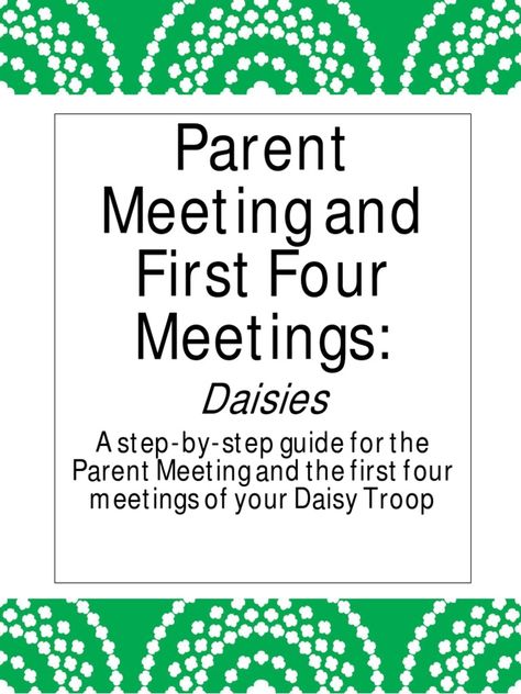 This document provides guidance for planning the first parent meeting and initial troop meetings for a new Daisy troop. It includes: 1. A sample 10-meeting year plan outline with topics and goals for each meeting. 2. Suggestions for the parent meeting agenda, including collecting paperwork, discussing costs, communication methods, and ways for parents to volunteer. 3. Icebreaker ideas for the first few troop meetings, such as making name tags decorated with thumbprints to help the girls get Daisy Parent Meeting, First Daisy Troop Meeting Ideas, 1st Daisy Meeting Ideas, Daisy First Meeting Ideas, Daisy Girl Scouts First Meeting, First Daisy Troop Meeting, Daisy Troop Meeting Ideas, Girl Scout Meeting Ideas, Parents Meeting