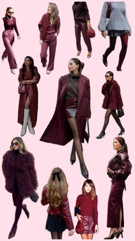 Burgundy winter style Fall 2024 Burgundy Outfits, Deep Winter Clothes Style, Cream And Burgundy Outfit, Burgundy Pink Outfit, Burgundy Dress Outfit Winter, Burgundy Winter Outfits, Deep Autumn Outfits, Burgundy Dress Outfit, Burgundy Outfits