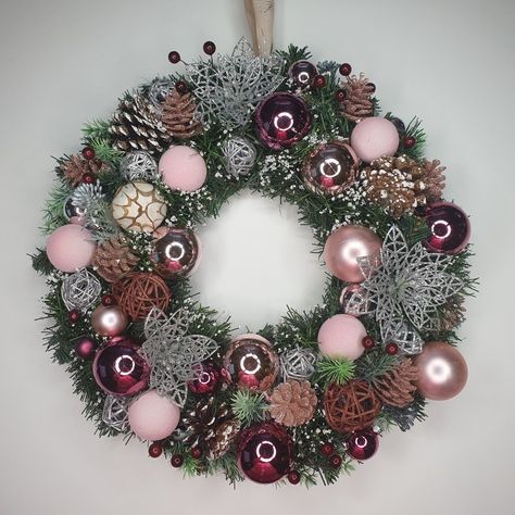 Burgundy Christmas, Pink Ornaments, Pink Ornament, Pine Wreath, Beautiful Centerpieces, Wedding Basket, Poinsettia, Christmas Wreath, Door Hangers