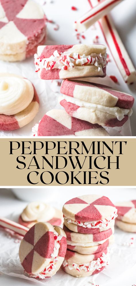 Cookie Recipes Peppermint, Peppermint Swirl Cookies, Christmas Treats Peppermint, Peppermint Buttercream, Sandwich Cookies Filling, Crushed Peppermint, Peppermint Recipes, Cookie Recipes Chewy, Peppermint Candies