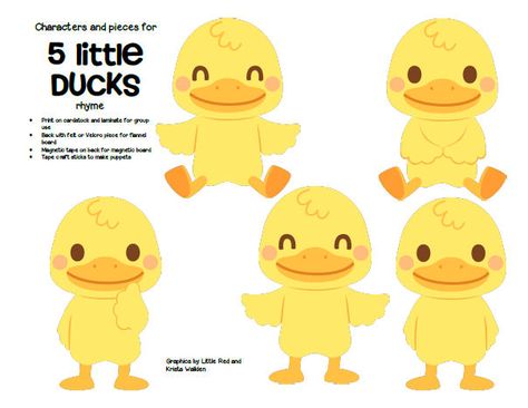 ***FREE***  Characters and pieces for 5 Little Ducks went Out One Day rhyme in color and b/w. Use for group teaching and individual activity. 4 pages. Preschool Fingerplays Free Printable, Duck Activities For Kindergarten, Duck Activities For Toddlers, 5 Little Ducks Activities, Toddler Circle Time, 5 Little Ducks, Counting Rhymes, Five Little Ducks, Counting Songs