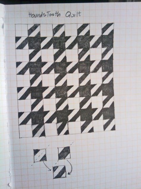 How To Draw Houndstooth Pattern, Hounds Tooth Pattern, Quilt Drawing, Houndstooth Quilt, Tooth Pattern, Paper Quilt, Quilt Modernen, Graph Paper Art, Hounds Tooth