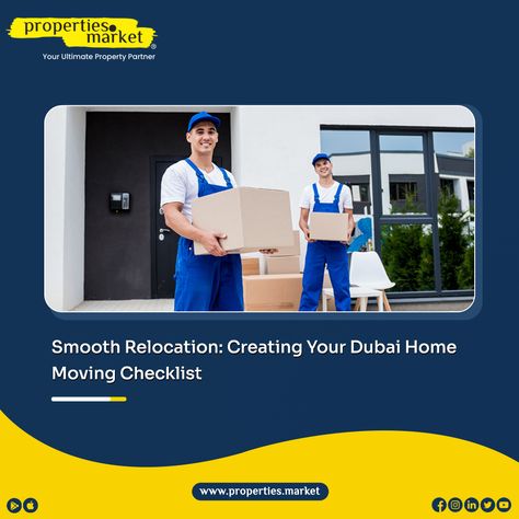 Read our blog for the ultimate home moving checklist that ensures a smooth relocation process. Get expert tips on organizing, packing, and settling in your new Dubai home. Home Moving Checklist, Dubai Home, Moving Checklist, Property Marketing, Relocation, Dubai