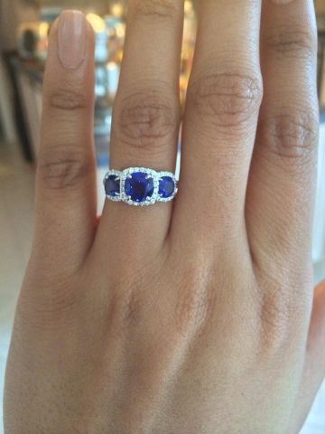 3 stone sapphire diamond halo by Joe Escobar Three Stone Sapphire Ring, Jewelry School, Jewellery Organizer, Jewellery Shops, Organizer Ideas, Jewellery Indian, Artificial Jewellery, Ring Sale, Oliver Bonas