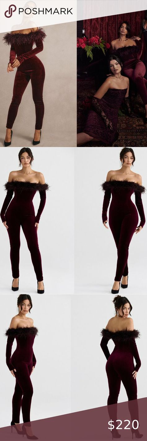 House of CB 'Salima' Dark Cherry Velvet Feather Jumpsuit NWT Feather Jumpsuit, Velvet Jumpsuit, Fitted Jumpsuit, Off The Shoulder Long Sleeve, Feather Trim, Burberry Jacket, House Of Cb, Stretch Velvet, Black Cherry