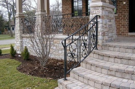 brick-roc combo Traditional Entryway Ideas, Entry Design Ideas, Traditional Entry, Paver Steps, Traditional Entryway, Brick Porch, Front Porch Railings, Stone Porches, Front Porch Steps