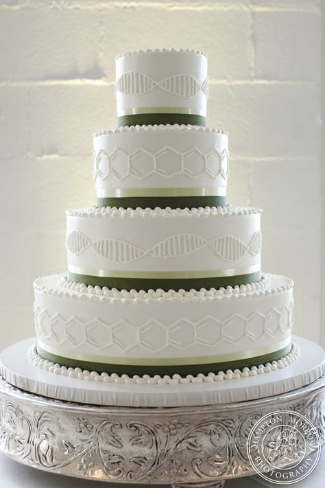 I LOVE this cake, except the colors.  The ribbon color is off and I don't like white on white. Dna Cake, Science Wedding Theme, Chemistry Cake, Chemistry Wedding, Science Cake, Dna Facts, Corporate Conference, Science Wedding, Nerdy Wedding