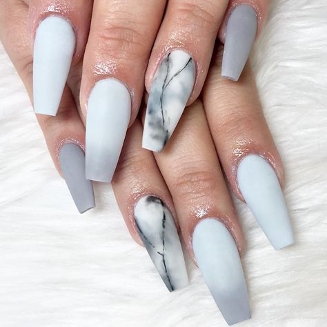 white-to-grey-matte-nail-polish-on-long-coffin-nails-french-fade-nails-grey-marble-decorations-on-ring-fingers Faded Nails, Yellow Sunshine, Marble Nail Designs, Marble Nail, Nagel Tips, Ombre Acrylic Nails, Matte Nails Design, Cute Acrylic Nail Designs, Gray Nails