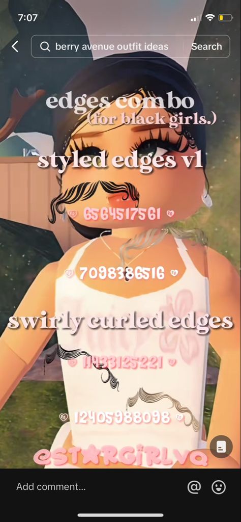 Roblox Inspired Outfits, Roblox Hair Codes Edges, Roblox Hair Codes Claw Clip, Black Curly Hair Codes For Berry Ave, Roblox Face Codes Baddie, Berry Avenue Codes Edges, Baddie Hair Berry Avenue Codes, Berry Avenue Codes For Black Hair, New Roblox Hair Codes