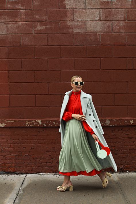 Mint and Red Color Combination for Fall | How to Style a Skirt Over a Dress | Mint Coat for Fall Red Color Combinations, Fall Fashion Coats, Color Combinations For Clothes, Fashion Sites, Layering Outfits, Outfit Trends, Fall Color, Cozy Outfit, Looks Chic