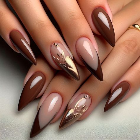 December Nails Christmas Almond, Tan And Silver Nails, Green Holiday Nails Almond, Thanksgiving Nail Inspo Almond, Moderate Nail Art, Almond Gel X Nails Ideas, Wine Red And Gold Nails, Nails For Thanksgiving Fall, November French Tip Nails