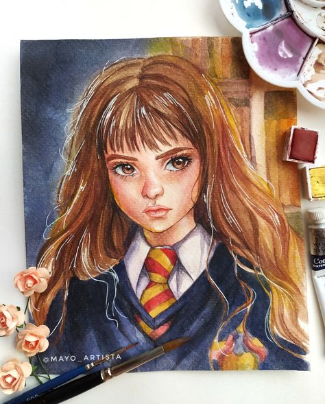 Hermione Painting, Hermoine Granger Drawing, Harry Potter Watercolor Art, Movies References, Hermione Granger Drawing, Harry Potter Drawing Ideas, Drawing Ideas Watercolor, Watercolor Hogwarts, Hermione Granger Art