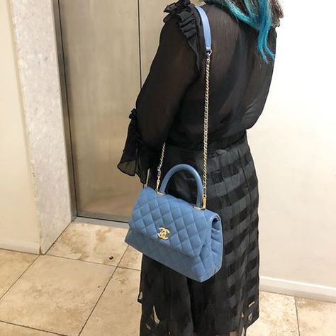 Chanel coco top handle denim bag Chanel Coco Handle Outfit, Chanel Coco Top Handle, Travelling Accessories, Tattoo Ladies, Chanel Bag Outfit, Renewal Vows, Bag Tattoo, Style Names, Designer Things