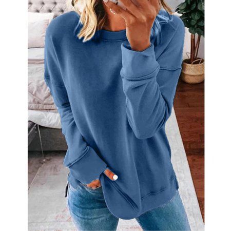 "Material:Polyester Pattern:Plain Sleeve Length:Long Sleeve Edition Type:Loose Sleeve Type:Conventional Sleeve Popular Elements:Stitching Size=(Inch): S----Bust-39.37\"----Length-24.02\" M----Bust-40.94\"----Length-24.41\" L----Bust-42.52\"----Length-24.8\" XL----Bust-44.09\"----Length-25.2\" 2XL----Bust-45.67\"----Length-25.59\" 3XL----Bust-47.24\"----Length-25.98\" 4XL----Bust-48.82\"----Length-26.38\" 5XL----Bust-50.39\"----Length-26.77\" Color: Blue.  Gender: female.  Age Group: adult.  Patt Essential Wardrobe Pieces, Winter Outfits Warm, Plain Sweatshirt, Jumpsuit Outfit, Estilo Chic, Casual Stylish, Winter Outfits Women, Look Chic, Pullover Sweatshirts