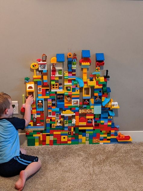 Activity Wall Duplo City - Annie's Classroom Duplo Organization, Duplo Builds, Duplo Ideas, Activity Wall, Lego Storage Organization, Lego Organization, Basement Playroom, Bus Stops, Lego Diy