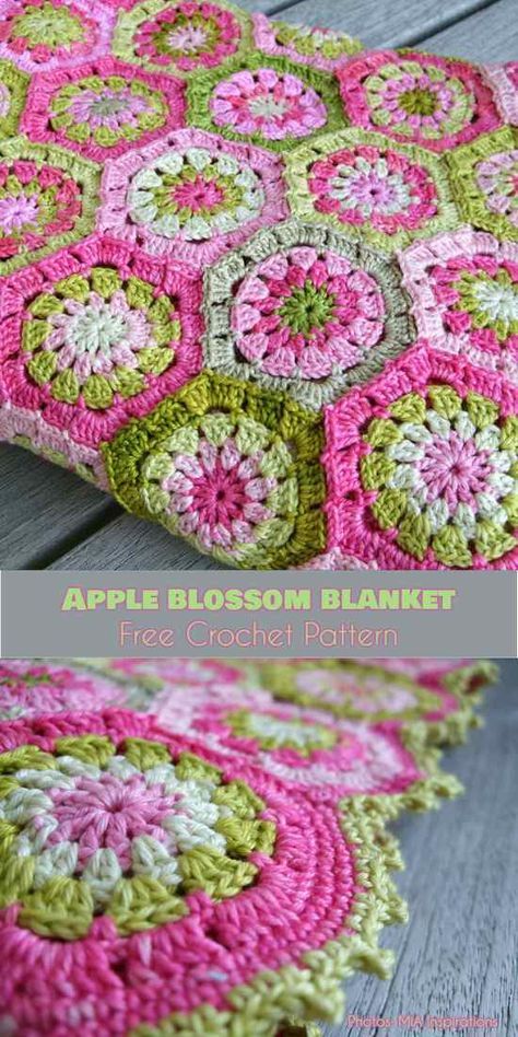 Apple Blossom Hexagon Blanket Free Crochet Pattern #freecrochetpatterns #crochetblanket Hexagon Blanket, Hexagon Crochet Pattern, Crochet Hexagon, Crochet Quilt, Granny Square Blanket, Crochet Square Patterns, Granny Squares Pattern, Granny Square Crochet Pattern, Crochet Square