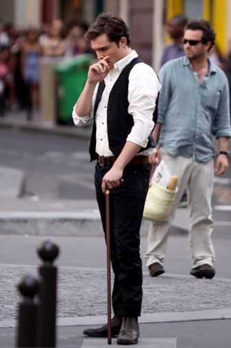 a good example of contemporary clothing from 19th century Europe.  The detail is extremely good with the walking cane, that was fashionable back then Man With Cane Reference, Character With Cane Pose, Person With Cane Reference, Poses With Cane, Cane Pose Reference, Walking Sticks And Canes, Girl Character, Chuck Bass, 19th Century Fashion