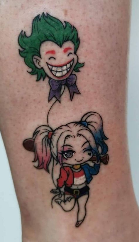 Harley Quinn Tattoo Meaning, Cute Joker Tattoo, Cartoon Couple Tattoos Ideas, Harley And Joker Tattoo Couple, Small Joker Tattoo Ideas, Harley Joker Tattoo, Harley Quinn And The Joker Tattoo, Joker And Harley Quinn Tattoo Couples, Cartoon Couple Tattoos