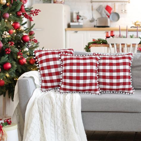 PRICES MAY VARY. Buffalo Gingham Linen Fabric Ready Made: Package includes 2 pieces of 18x18 inches red and white buffalo plaid throw pillow covers. Be careful of the pompoms and avoid to be caught when use the zipper. NO INSERTS. Perfect for Home Decor: Classical buffalo plaid design goes with simple color, creating a plain and peaceful atmosphere. Pom poms adds cuteness to these pillow covers, unique and adorable. Ideal for farmhouse, bed, sofa, chair, car, office, etc. Skin-friendly Fabric: T Christmas Couch Decor, Checked Sofa, Patio Office, Buffalo Plaid Pillows, Farmhouse Bed, Buffalo Check Pillows, Plaid Pillow Covers, Christmas Cushion, Plaid Throw Pillows