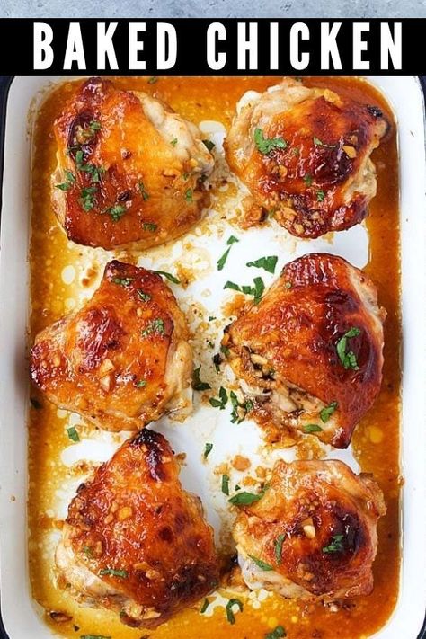 Savory Baked Chicken, Chicken With Honey, Garlic Chicken Thighs, Honey Garlic Chicken Thighs, Garlic Baked, Baked Chicken Recipe, Tasty Lunch, Daily Recipes, Honey Garlic Chicken